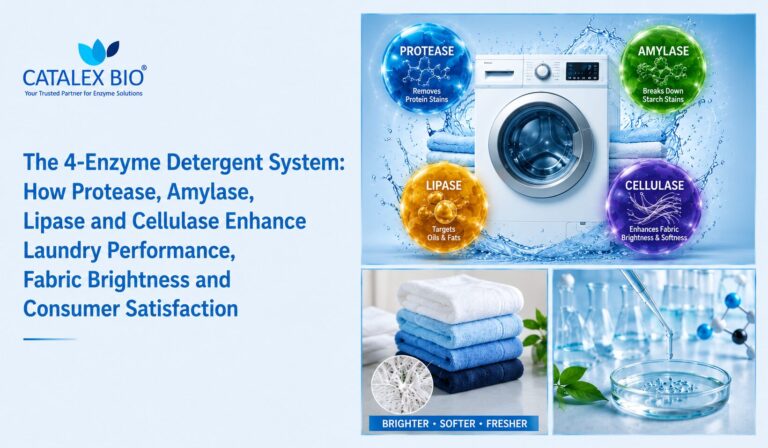 The 4-enzyme detergent system featuring protease, amylase, lipase and cellulase for enhanced stain removal, fabric brightness, softness and consumer satisfaction.