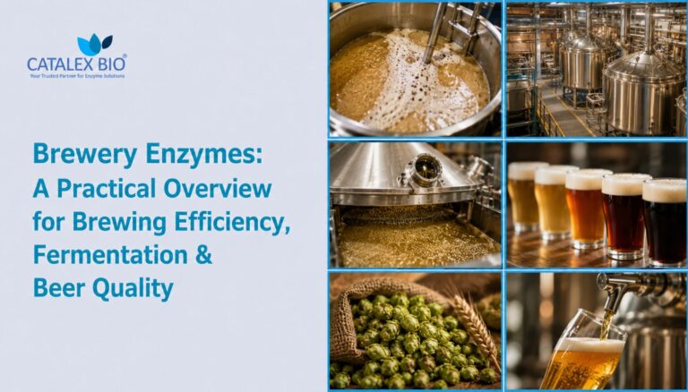 Catalex Bio brewery enzymes overview banner featuring brewing tanks, fermentation process, hops, beer pouring, and beer glasses with the title “Brewery Enzymes: A Practical Overview for Brewing Efficiency, Fermentation & Beer Quality”.