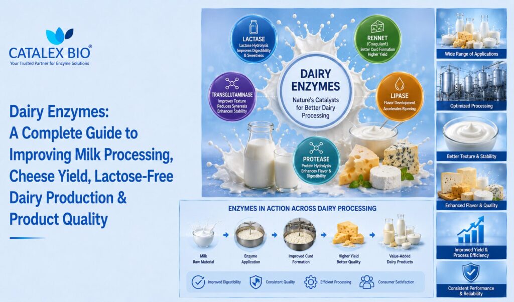Overview of major dairy enzymes including lactase, rennet, transglutaminase, lipase and protease and their applications in modern dairy processing.