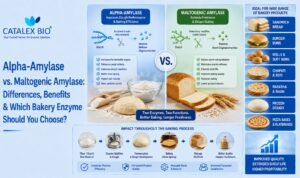 Catalex Bio infographic comparing Alpha-Amylase vs. Maltogenic Amylase, highlighting their key differences, bakery applications, and benefits for commercial bread and flatbread production. Catalex Bio manufactures and supplies both enzymes with technical support for industrial bakery applications.