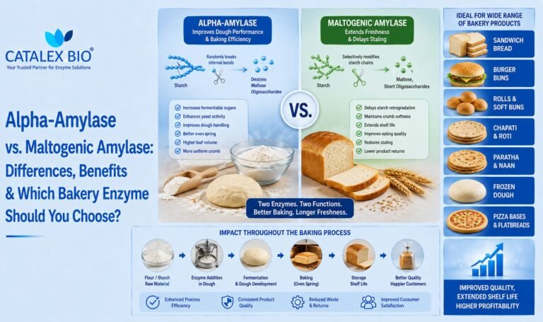 Catalex Bio infographic comparing Alpha-Amylase vs. Maltogenic Amylase, highlighting their key differences, bakery applications, and benefits for commercial bread and flatbread production. Catalex Bio manufactures and supplies both enzymes with technical support for industrial bakery applications.